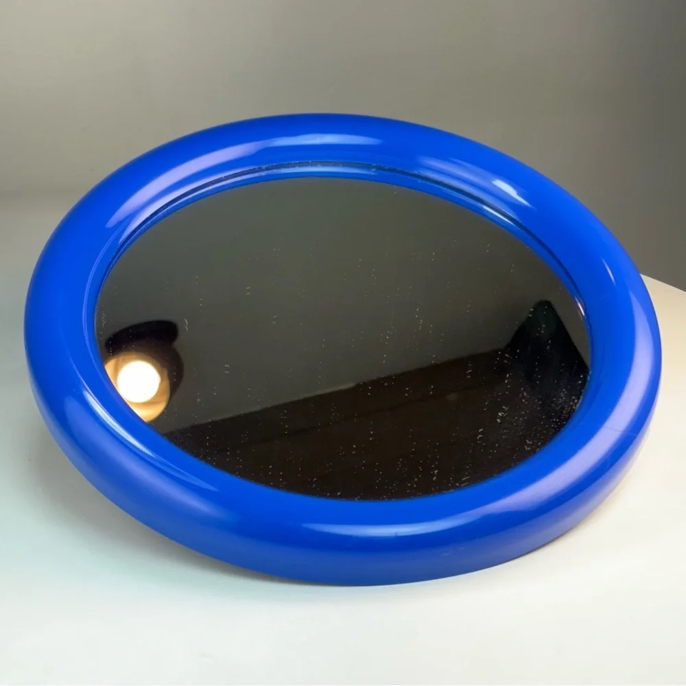 Vintage 12.25” Circle Blue Plastic Wall Mirror Space Age 80s 90s Post Modern